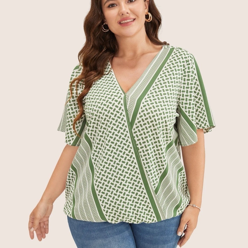 BloomChic Plus Size Geometric Contrast Ruffle Sleeve Wrap Blouse